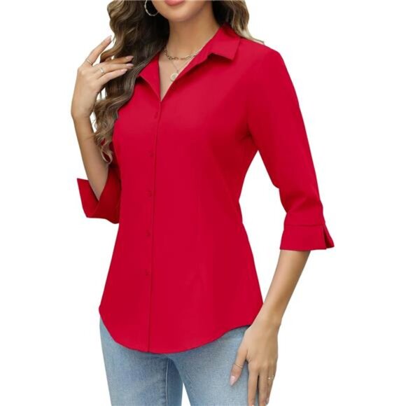 Women Button Down Shirts 3/4 Sleeve Red - Picture 1 of 6
